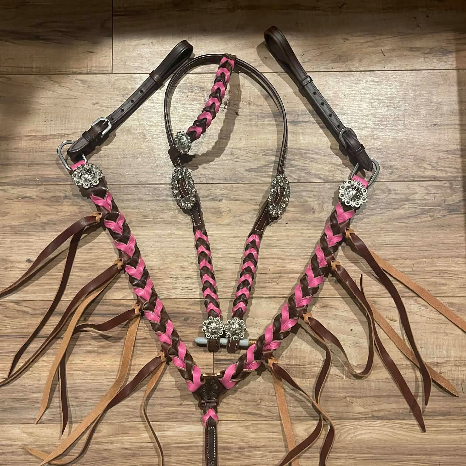 Ready to ship Western Tack Set - Pink Braided Leather with Fringe (BHT021)