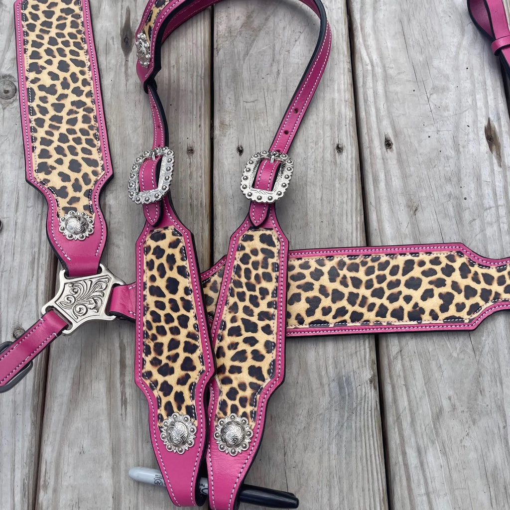 READY TO SHIP Western Tack Set - Hot Pink & Cheetah Leather (BHT092)