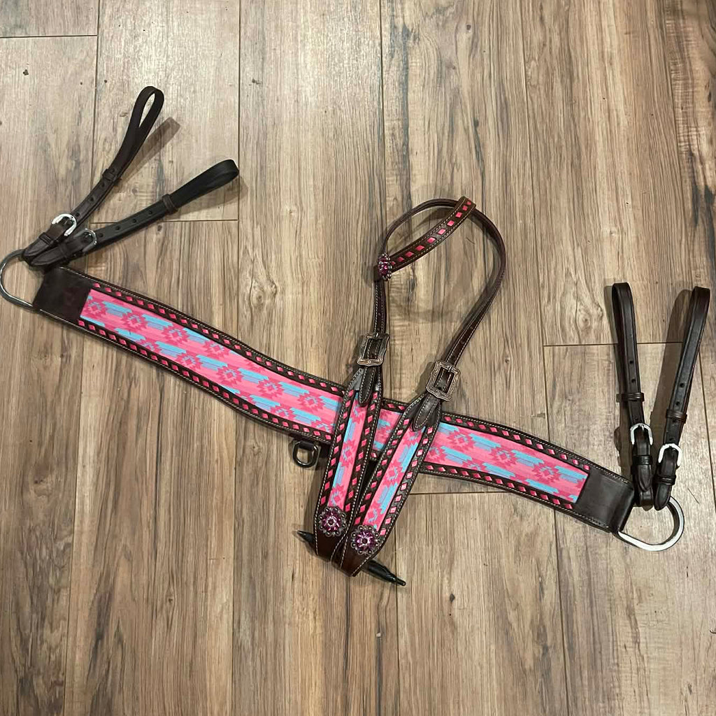 Made to Order Western Tack Set - Pink & Blue Pattern (BHT060)