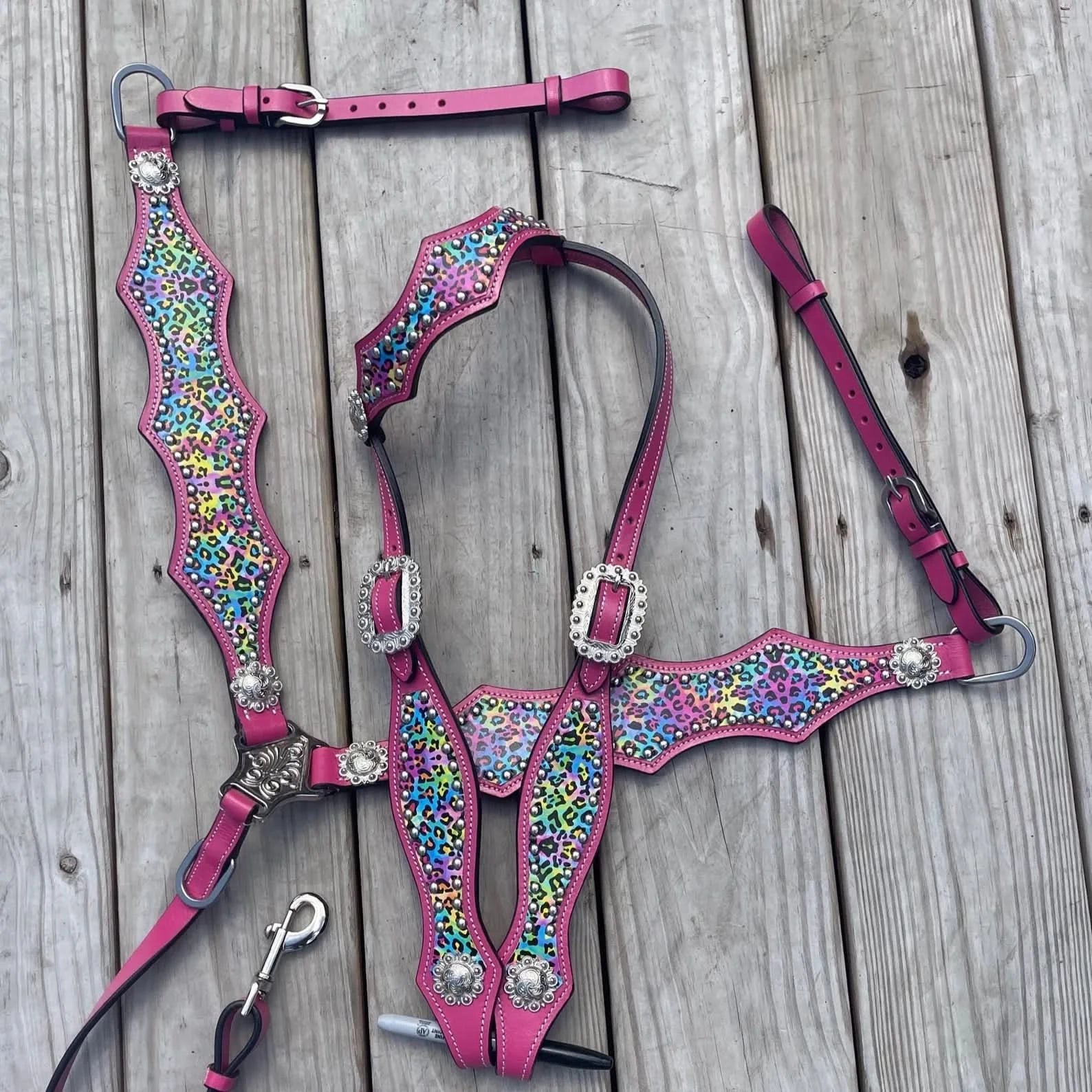 READY TO SHIP Western Tack Set - Hot Pink & Rainbow Cheetah Leather (BHT093)