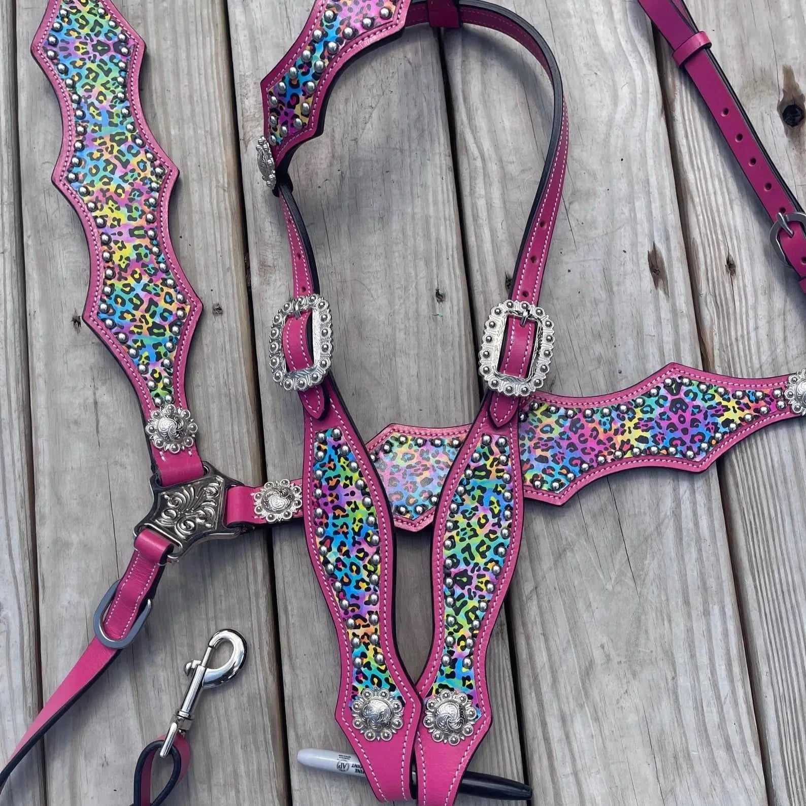 READY TO SHIP Western Tack Set - Hot Pink & Rainbow Cheetah Leather (BHT093)
