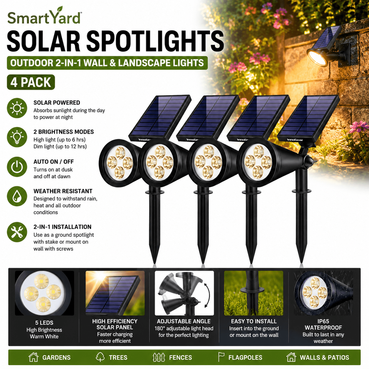 SmartYard Solar SpotLights Outdoor, Waterproof Solar Powered Landscape  2-in-1 Wall Light Auto On/Off , Pack of 4