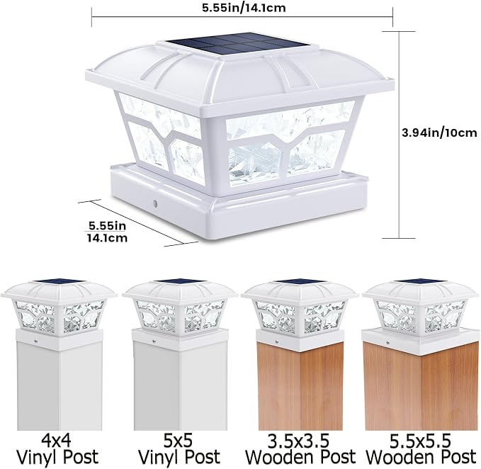Solar Post Cap Lights Outdoor Glass 2 Modes 8 LEDs for 4x4 5x5 6x6 Posts Fence Deck Patio Decoration Warm White/Cool White (2 Pack)
