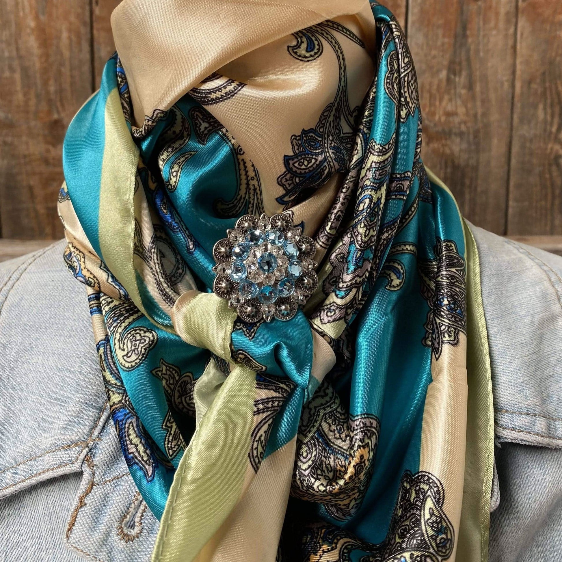 WRC299A Turquoise Paisley Wild Rag / Scarf - Antique Aqua & Clear Slide