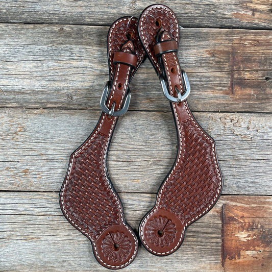 Medium Oil Basketweave Tooled Spur Straps/ Rodeo Drive - Blazzing Bridles