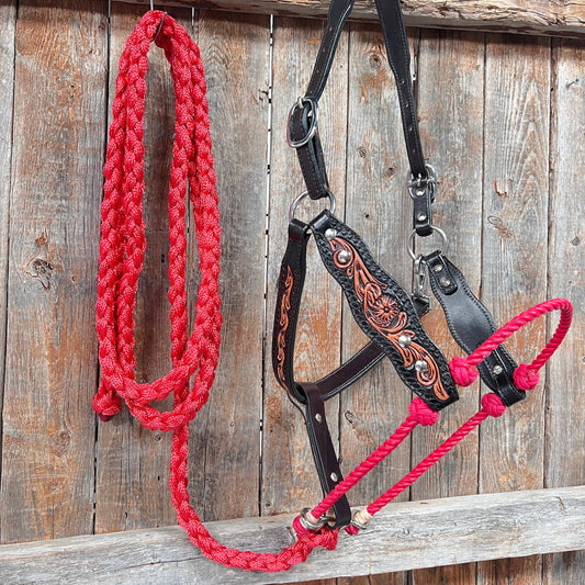 Red Floral Tooled Lariat & Leather Combo Halter