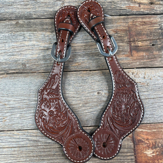 Medium Oil Floral Tooled Spur Straps/ Rodeo Drive - Blazzing Bridles