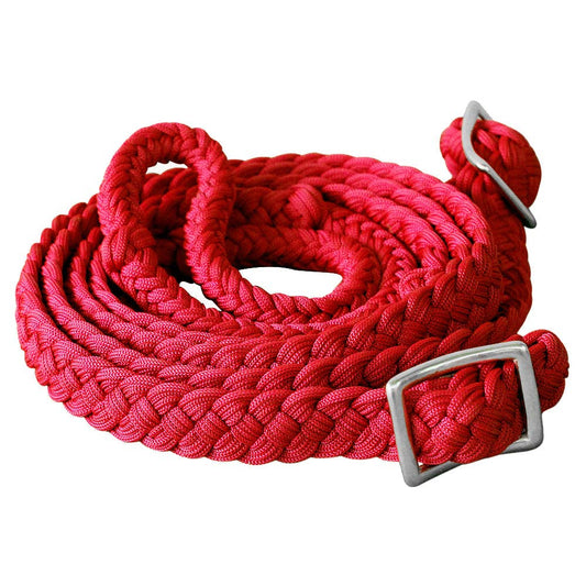 Red poly reins for trail riding and barrel racing for western riders. 